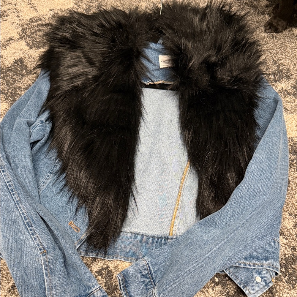 Avec Les Filles Blue Denim Jacket with Black Faux Fur Collar